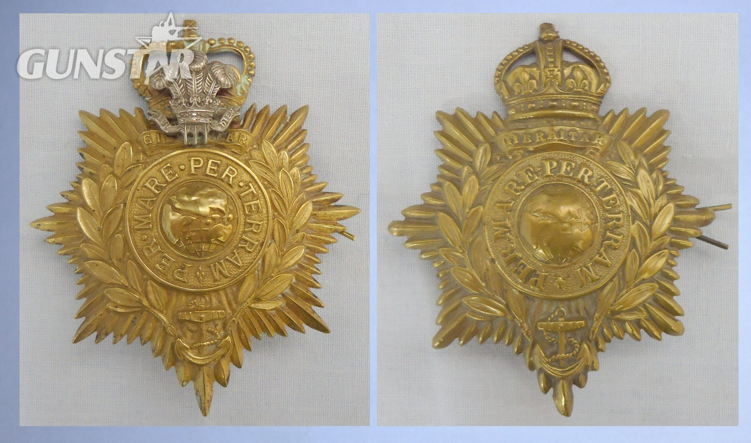 Pair* Royal Marine Plymouth Division Band helmet plates circa 1919-52. 2234:10. Pair* Royal Marine Plymouth Division Band helmet plates circa 1919-52. 2234:10.  Antique & Militaria