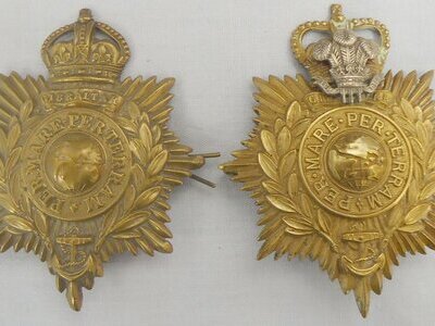 Pair* Royal Marine Plymouth Division Band helmet plates circa 1919-52. 2234:10. Pair* Royal Marine Plymouth Division Band helmet plates circa 1919-52. 2234:10.  Antique & Militaria