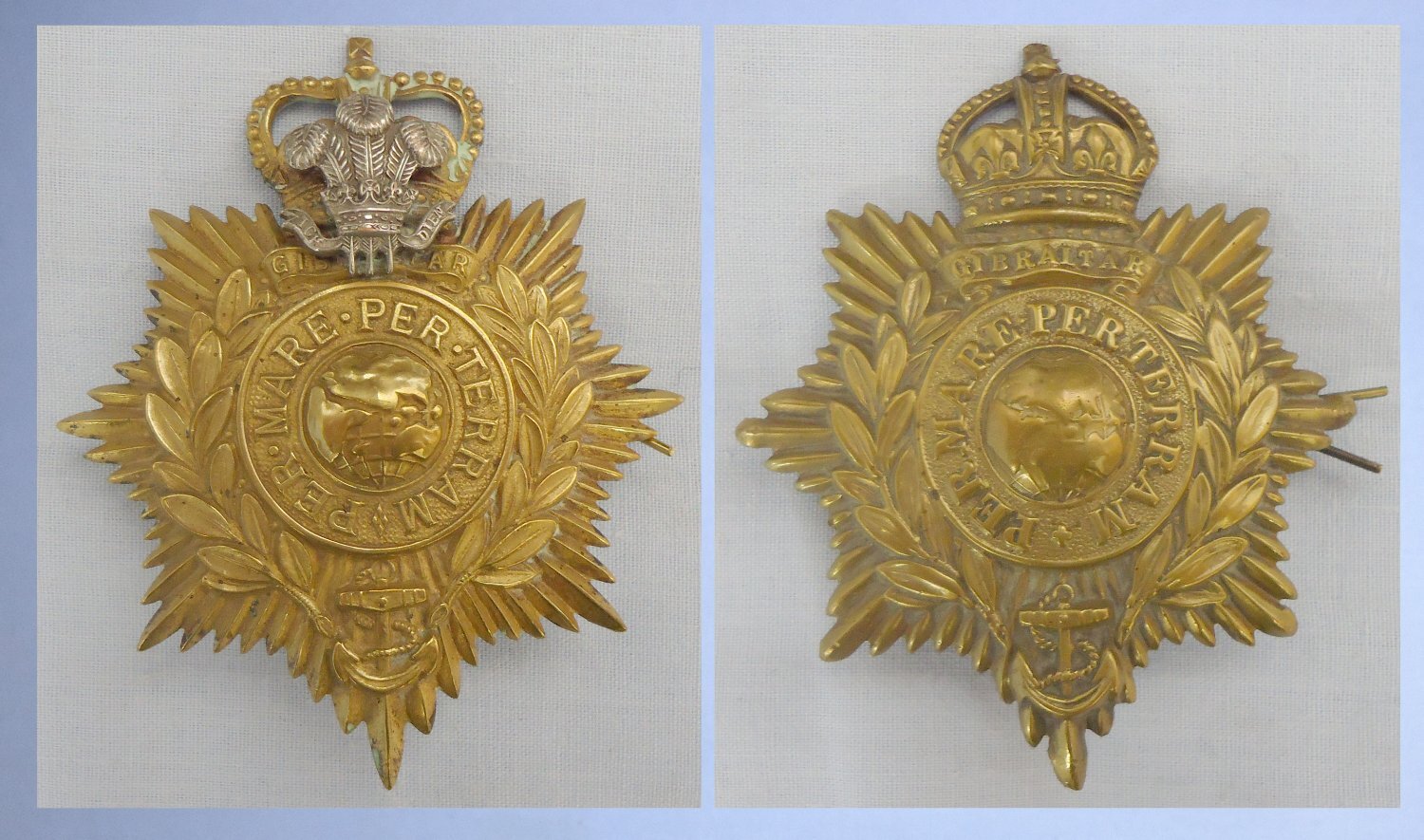 Pair* Royal Marine Plymouth Division Band helmet plates circa 1919-52. 2234:10. Pair* Royal Marine Plymouth Division Band helmet plates circa 1919-52. 2234:10.  Antique & Militaria
