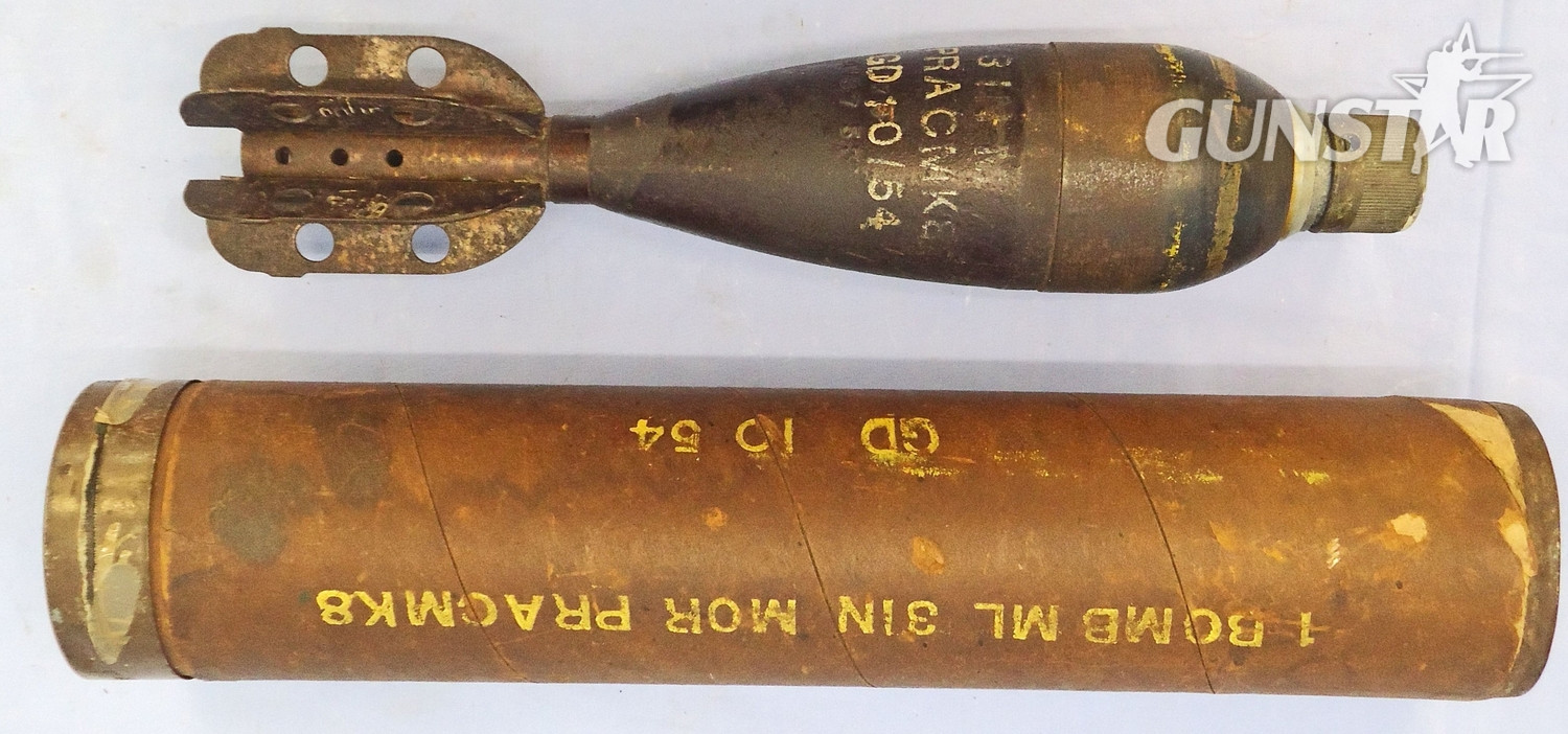 INERT DEACTIVATED. Unfired, Original Korean/Cold War Era, 1954 Dated British 3 Inch Practice High Explosive (HE) Mortar & Original Transit Container. Sn - 21775 INERT DEACTIVATED. Unfired, Original Korean/Cold War Era, 1954 Dated British 3 Inch Practice High Explosive (HE) Mortar & Original Transit Container. Sn - 21775  Other Ammunition - {CATEGORY} in 