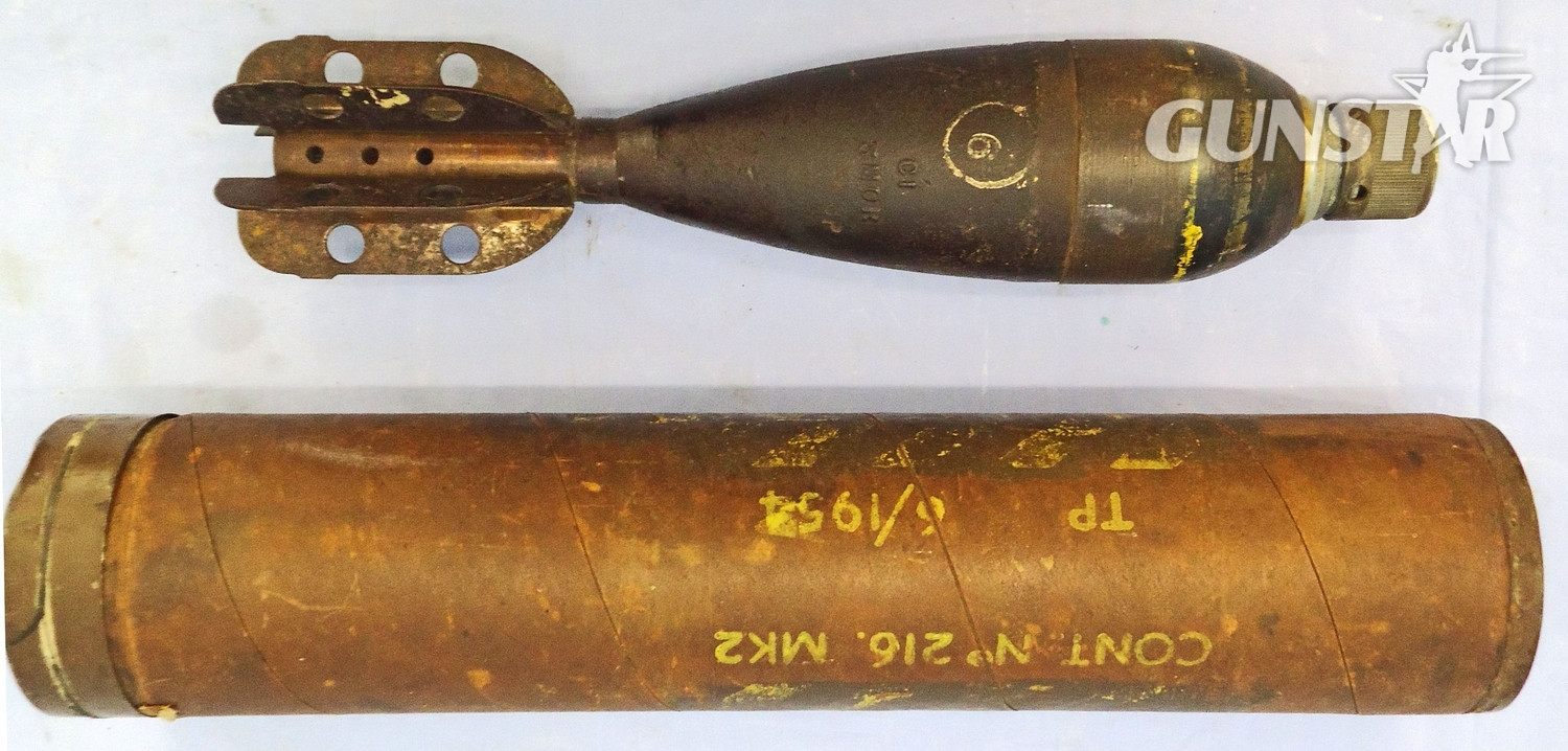 INERT DEACTIVATED. Unfired, Original Korean/Cold War Era, 1954 Dated British 3 Inch Practice High Explosive (HE) Mortar & Original Transit Container. Sn - 21775 INERT DEACTIVATED. Unfired, Original Korean/Cold War Era, 1954 Dated British 3 Inch Practice High Explosive (HE) Mortar & Original Transit Container. Sn - 21775  Other Ammunition - {CATEGORY}