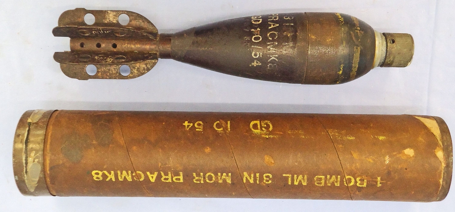 INERT DEACTIVATED. Unfired, Original Korean/Cold War Era, 1954 Dated British 3 Inch Practice High Explosive (HE) Mortar & Original Transit Container. Sn - 21775 INERT DEACTIVATED. Unfired, Original Korean/Cold War Era, 1954 Dated British 3 Inch Practice High Explosive (HE) Mortar & Original Transit Container. Sn - 21775  Other Ammunition - {CATEGORY} in 