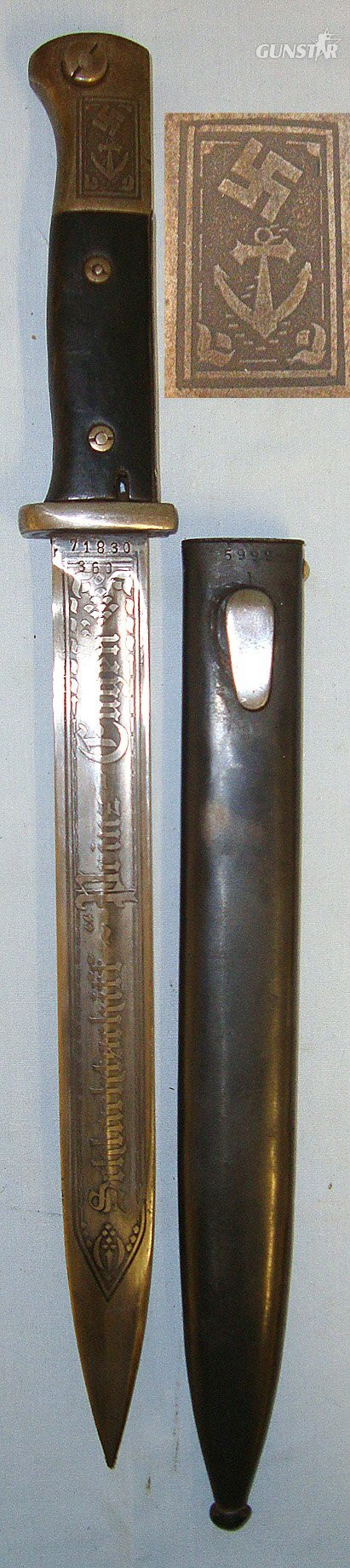 Original**WW2 1943 Nazi German K98 Bayonet By byf (Mauser-Werke) With Later Etched Blade ‘Deutsches Kriegsmarine 1940 Schlachtschiff (Battleship) Prinz Eugen’, & 1941 Dated Scabbard By ‘agv’ (Berg & Co, Solingen). BAYO 751 Bayonet in 