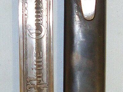 Original**WW2 1943 Nazi German K98 Bayonet By byf (Mauser-Werke) With Later Etched Blade ‘Deutsches Kriegsmarine 1940 Schlachtschiff (Battleship) Prinz Eugen’, & 1941 Dated Scabbard By ‘agv’ (Berg & Co, Solingen). BAYO 751 Bayonet