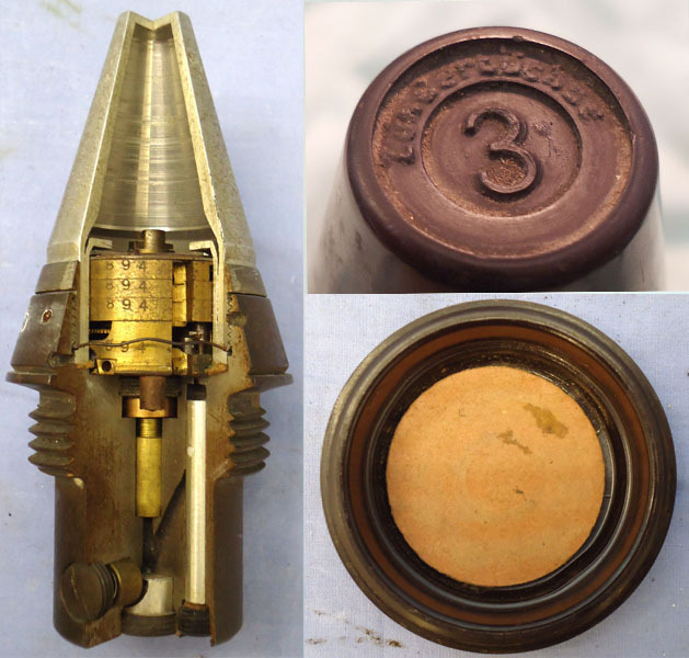INERT. Very Rare, German, Experimental, 1940 Dated, Factory Sectioned, Railway Gun, Unfired, Dopp Z S45-125 Clockwork Time Fuze In Its Original Bakelite Transit Container. - 21333 INERT. Very Rare, German, Experimental, 1940 Dated, Factory Sectioned, Railway Gun, Unfired, Dopp Z S45-125 Clockwork Time Fuze In Its Original Bakelite Transit Container. - 21333  Other Ammunition