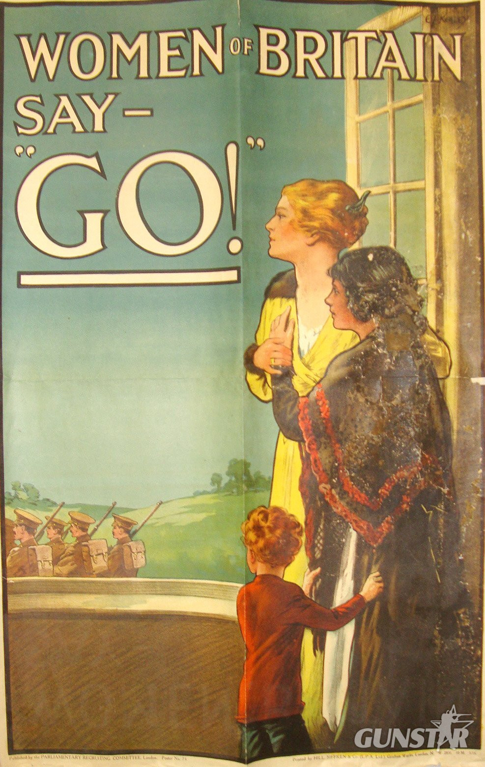  Original WW1 1915 British Government Parliamentary Recruiting Committee Recruitment Poster No.75 WOMEN OF BRITAIN SAY – “GO!” By Artist E / Kealey Printed By Hill Siffkin & Co Ltd London. HO 670  Antique & Militaria
