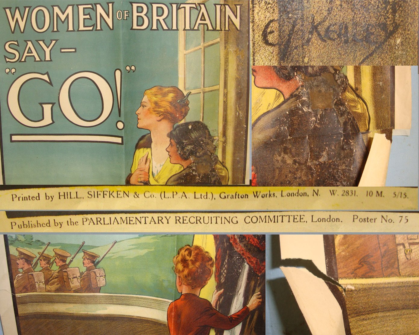 Original WW1 1915 British Government Parliamentary Recruiting Committee Recruitment Poster No.75 WOMEN OF BRITAIN SAY – “GO!” By Artist E / Kealey Printed By Hill Siffkin & Co Ltd London. HO 670  Antique & Militaria