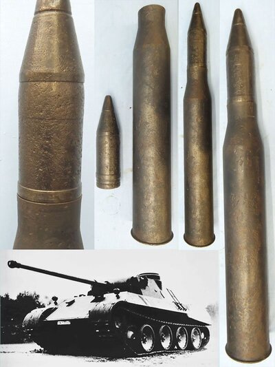 DEACTIVATED INERT. RARE, Unfired German, WW2, Panther V, 1944 Dated, 7.5cm (75 x 640R) Pzgr 39 APCBC/HE (Armour Piercing Capped, Ballistic Cap / High Explosive Round For The Panther (Panzer V) and the Jagdpanzer IV, Sd.Kfz. 162 tank destroyer. O 2087 DEACTIVATED INERT. RARE, Unfired German, WW2, Panther V, 1944 Dated, 7.5cm (75 x 640R) Pzgr 39 APCBC/HE (Armour Piercing Capped, Ballistic Cap / High Explosive Round For The Panther (Panzer V) and the Jagdpanzer IV, Sd.Kfz. 162 tank destroyer. O 2087  Other Ammunition