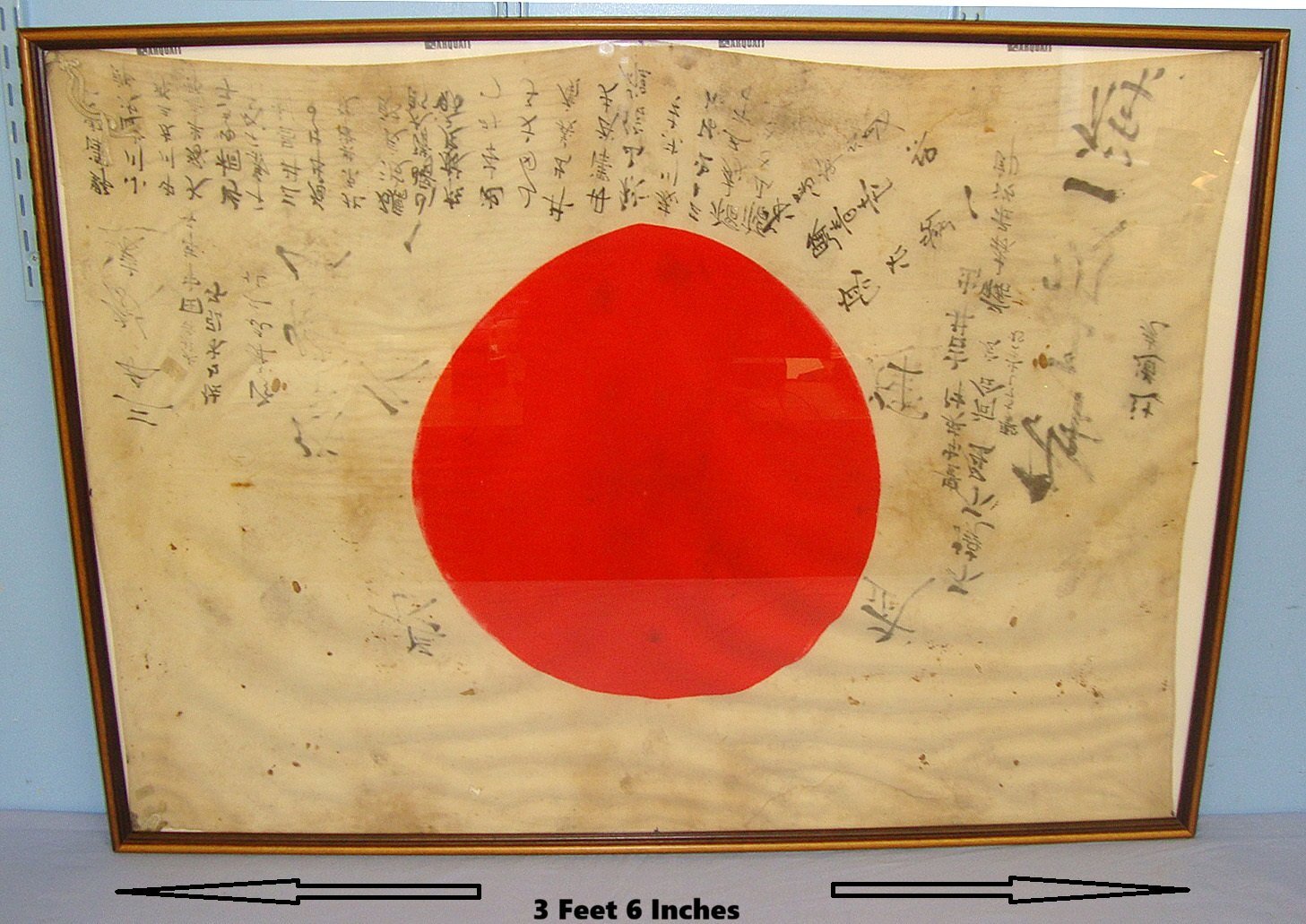 MASSIVE** Framed Original WW2 Japanese Soldier’s 'Yosegaki Hinomaru' (Or Good Luck) Battle Flag With Many Hand Written Kanji Signatures. MISC 2000  Antique & Militaria