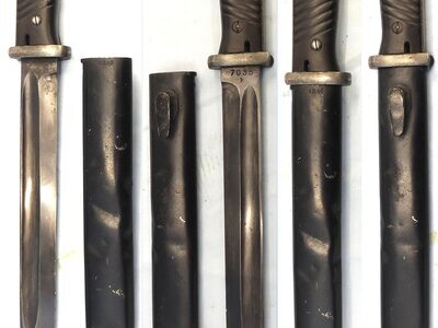 German, WWII, M84/98 3rd Model Bayonet by WKC with Brown Plastic Grips & Scabbard. BAYO 373 Bayonet