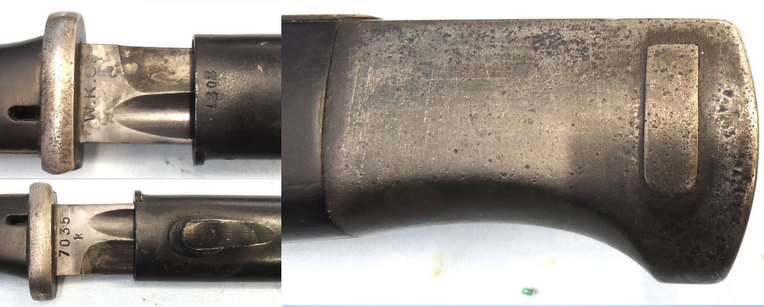  German, WWII, M84/98 3rd Model Bayonet by WKC with Brown Plastic Grips & Scabbard. BAYO 373 Bayonet