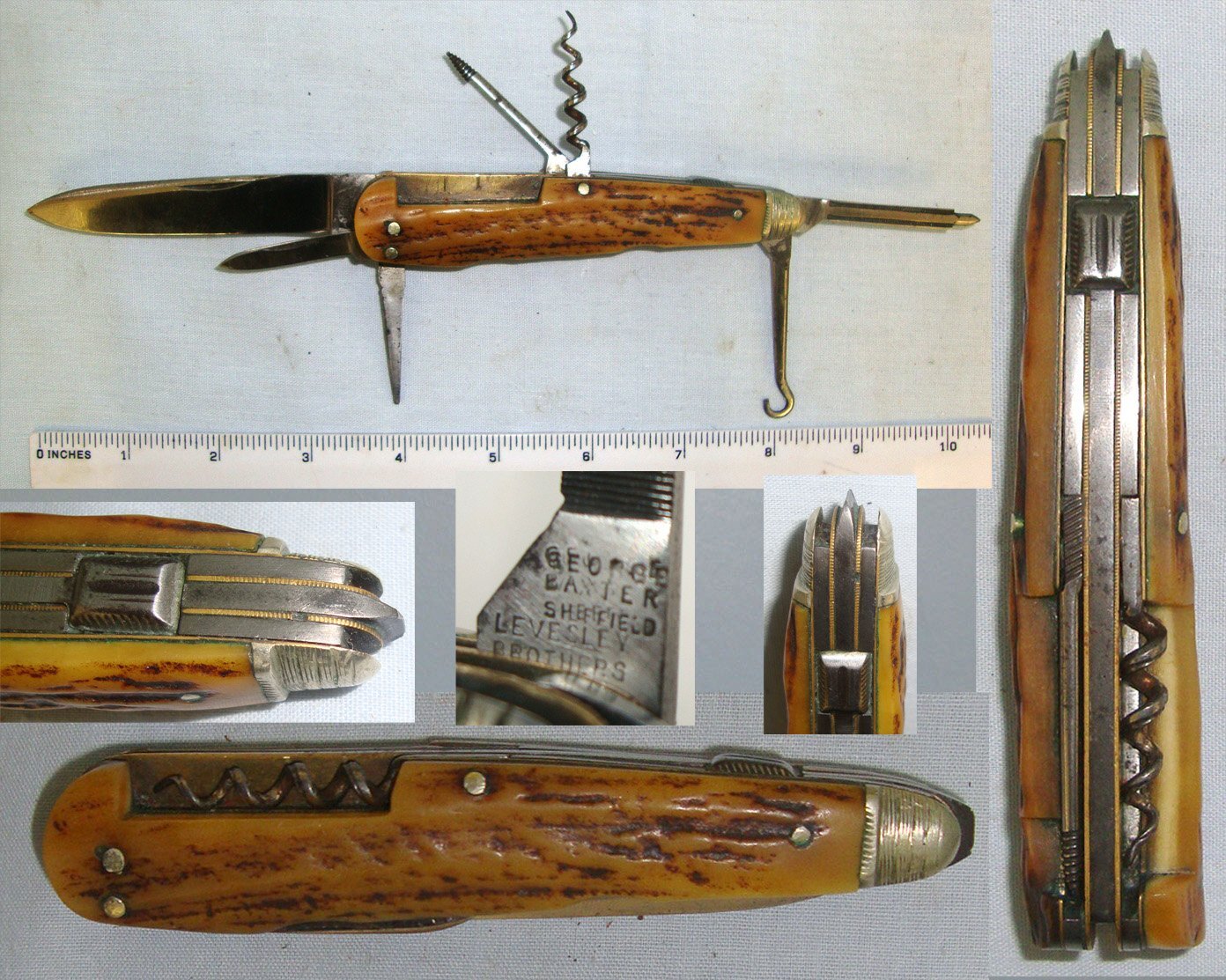 Victorian / Edwardian Era George Baxter Levesley Brothers Sheffield Folding Multi Blade / Tool Lock Knife With Stag Antler Scales. ED 3011 Knive