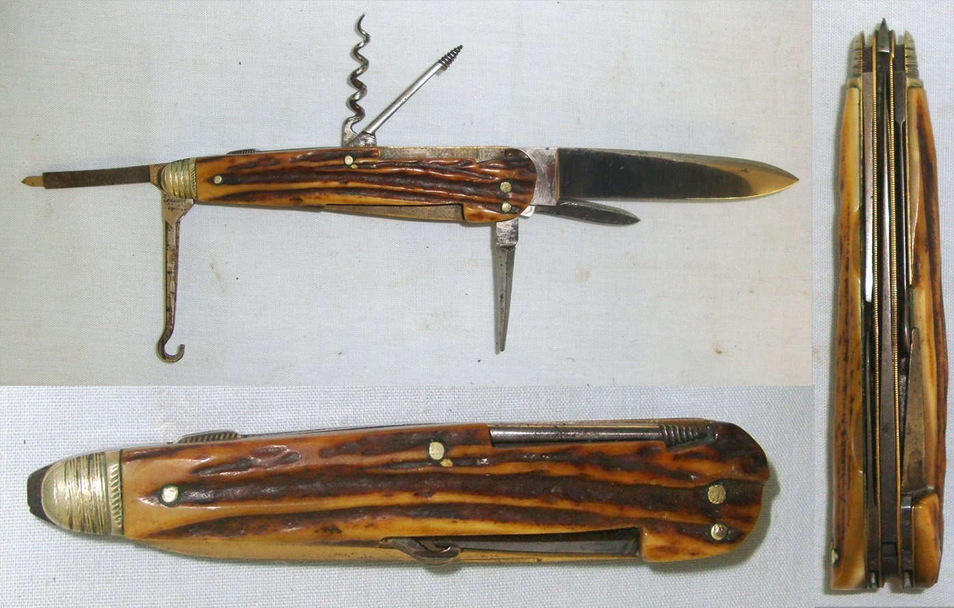  Victorian / Edwardian Era George Baxter Levesley Brothers Sheffield Folding Multi Blade / Tool Lock Knife With Stag Antler Scales. ED 3011 Knive