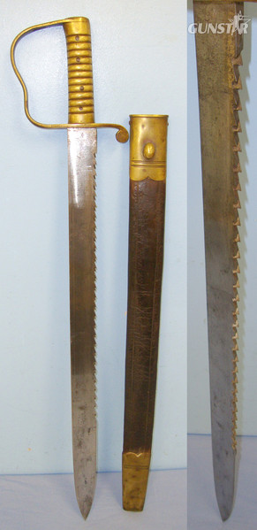 MATCHING MAKER MARKS British WD 1889 Dated 1856 Pattern Mole Birmingham Pioneer’s Saw Back Short Sword Sidearm With Brass Hilt Regiment Marked ‘V.3.N.F’ To The Volunteer Northumberland Fusiliers & 1895 Scabbard By Mole To ‘V.4.SK.’ Suffolk Vols. Sword in 