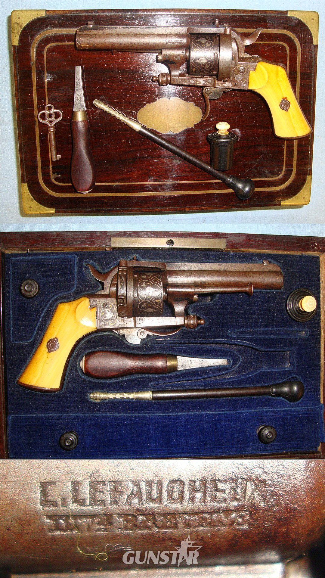 QUALITY**Cased, C1870 Lefaucheux Patent Bertonnet en Paris, Buenos-Ayres, y Montevideo 7mm Pin Fire Obsolete Calibre Double Action 6 Shot Revolver  With Polished Bone Grips, Blued & Gold & Silver Inlaid Decoration & Accessories. Sn 17889 7mm Revolver