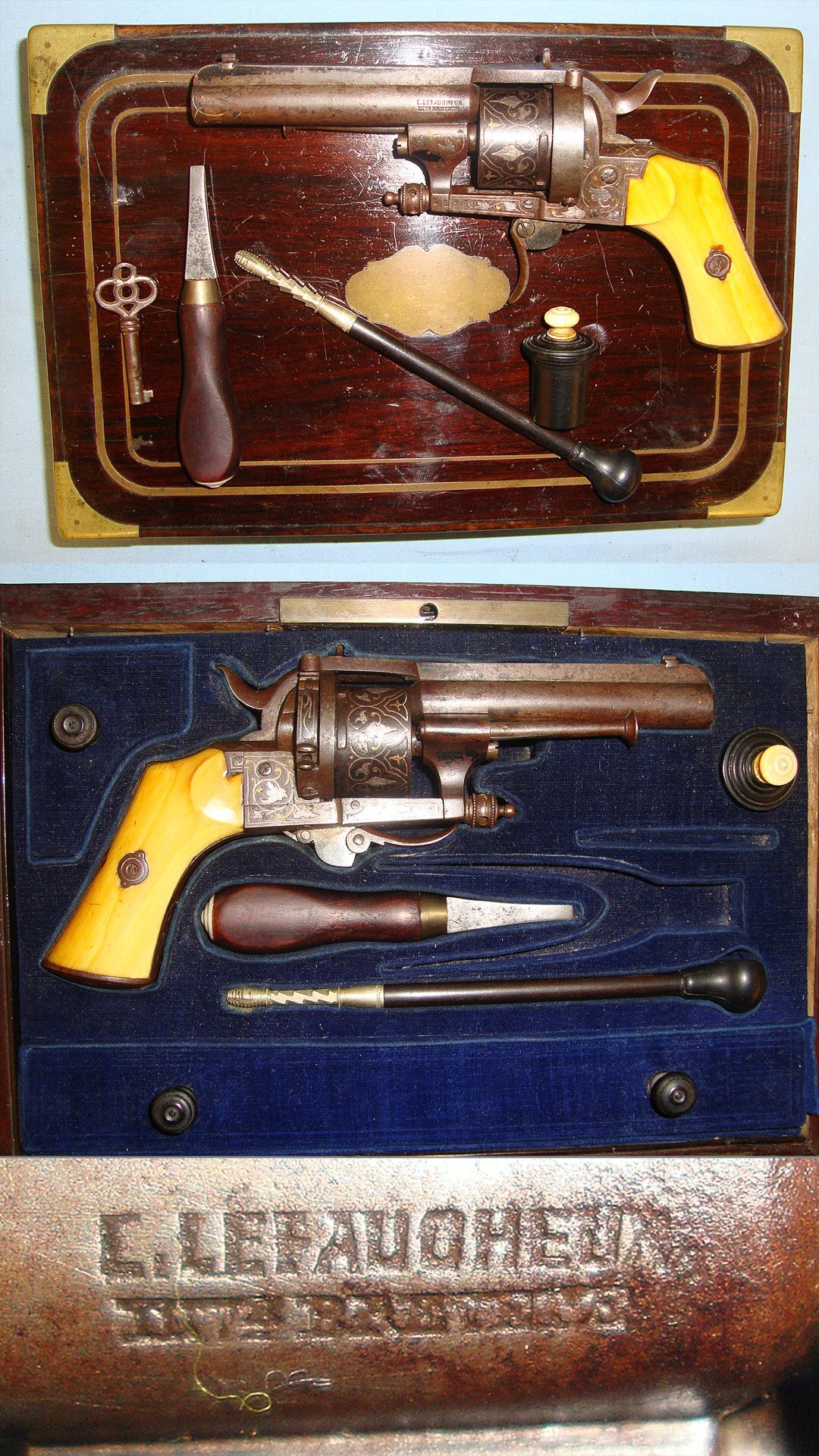 QUALITY**Cased, C1870 Lefaucheux Patent Bertonnet en Paris, Buenos-Ayres, y Montevideo 7mm Pin Fire Obsolete Calibre Double Action 6 Shot Revolver  With Polished Bone Grips, Blued & Gold & Silver Inlaid Decoration & Accessories. Sn 17889 7mm Revolver