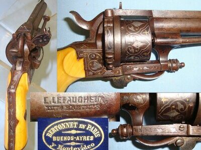 QUALITY**Cased, C1870 Lefaucheux Patent Bertonnet en Paris, Buenos-Ayres, y Montevideo 7mm Pin Fire Obsolete Calibre Double Action 6 Shot Revolver With Polished Bone Grips, Blued & Gold & Silver Inlaid Decoration & Accessories. Sn 17889 7mm Revolver