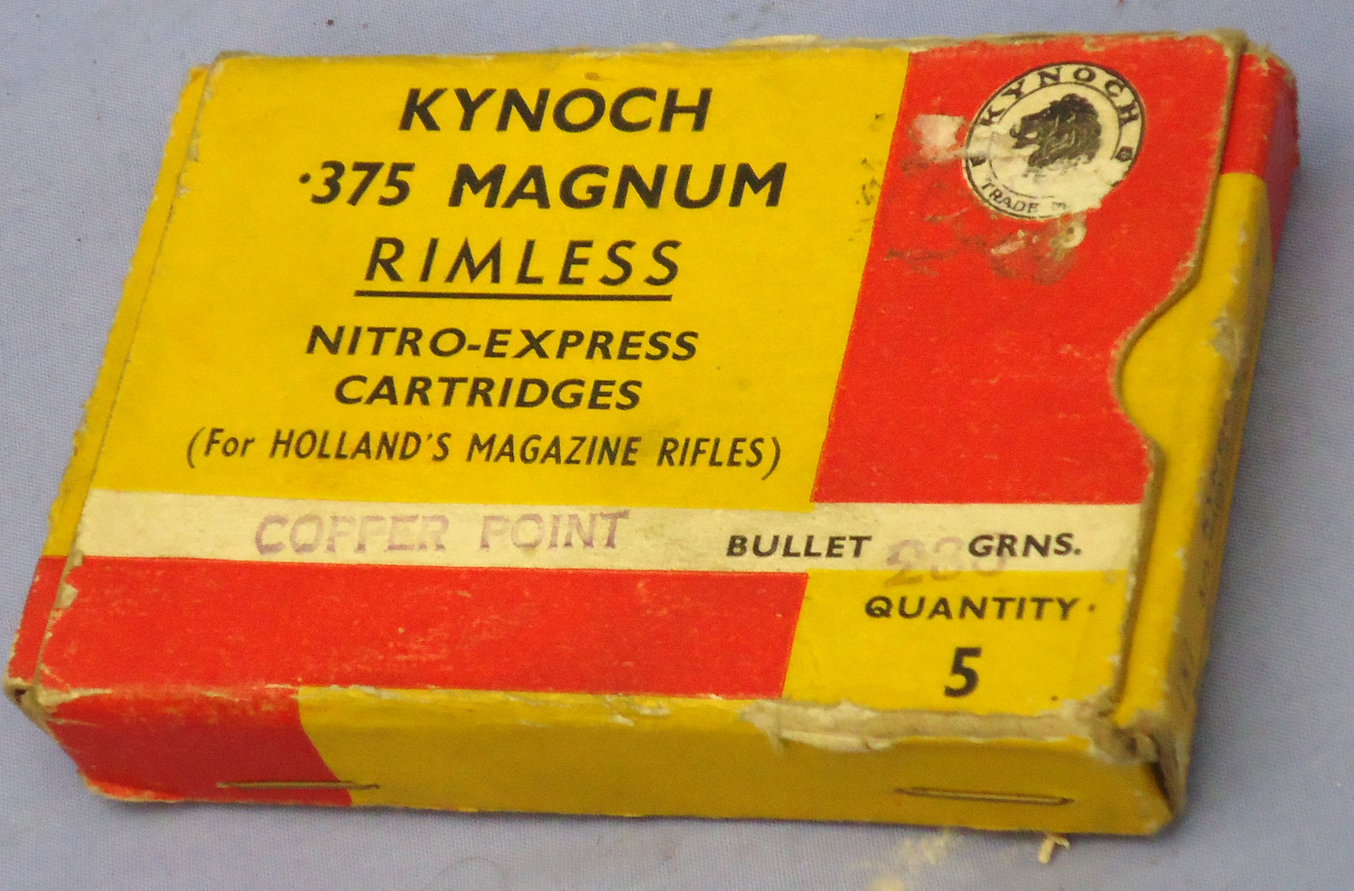 Kynoch INERT DEACTIVATED. British Original 5 Round Carton Of Kynoch .375 Magnum Rimless Nitro-Express Cartridges (for HOLLAND’S MAGAZINES RIFLES). - 20942:5  Other Ammunition - {CATEGORY} in 