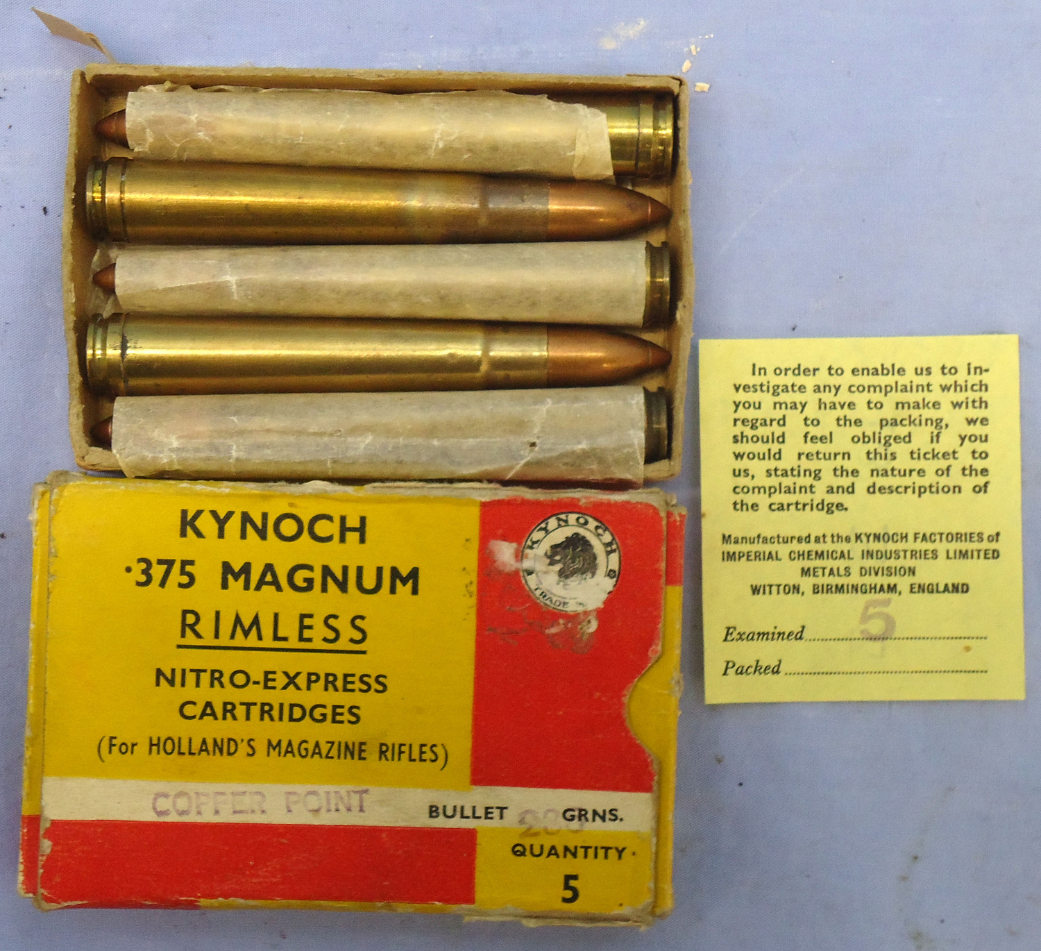  Kynoch INERT DEACTIVATED. British Original 5 Round Carton Of Kynoch .375 Magnum Rimless Nitro-Express Cartridges (for HOLLAND’S MAGAZINES RIFLES). - 20942:5  Other Ammunition