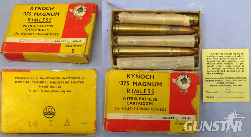 Kynoch INERT DEACTIVATED. British Original 5 Round Carton Of Kynoch .375 Magnum Rimless Nitro-Express Cartridges (for HOLLAND’S MAGAZINES RIFLES). - 20942:5  Other Ammunition in 