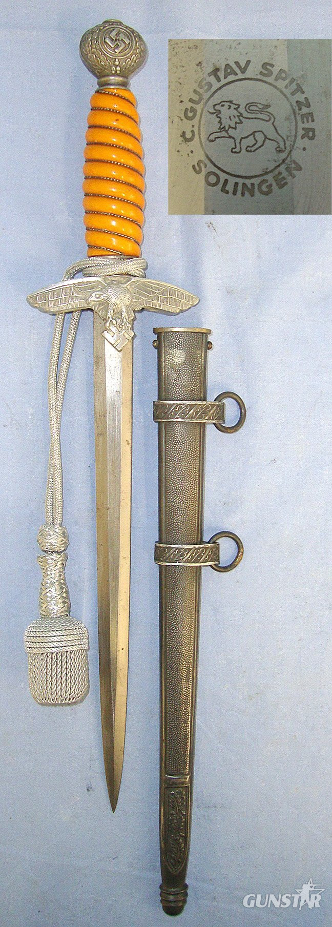 WW2 Era Nazi German Luftwaffe Officer’s 2nd Pattern Dagger By ‘Gustav Spitzer Solingen’ With Bullion Cord & Portepee & Scabbard. Sn 23484:12a Dagger in 