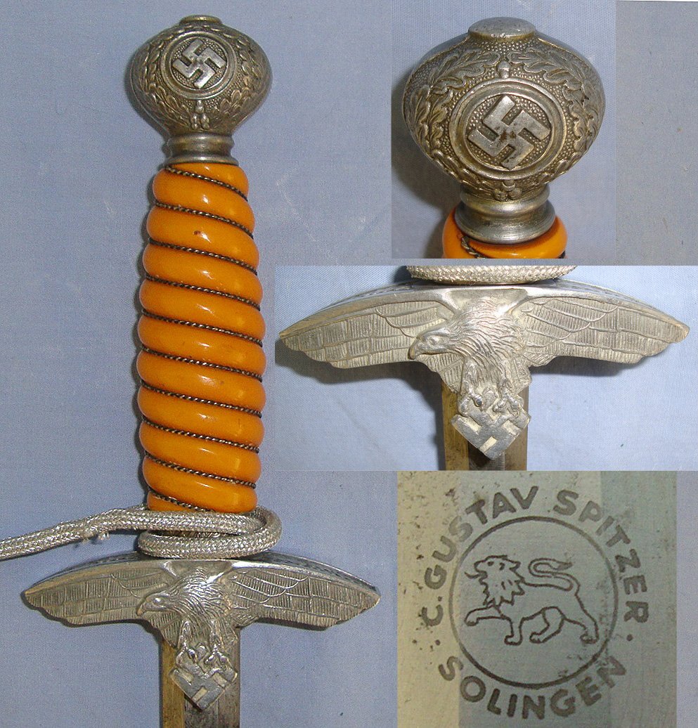 WW2 Era Nazi German Luftwaffe Officer’s 2nd Pattern Dagger By ‘Gustav Spitzer Solingen’ With Bullion Cord & Portepee & Scabbard. Sn 23484:12a Dagger