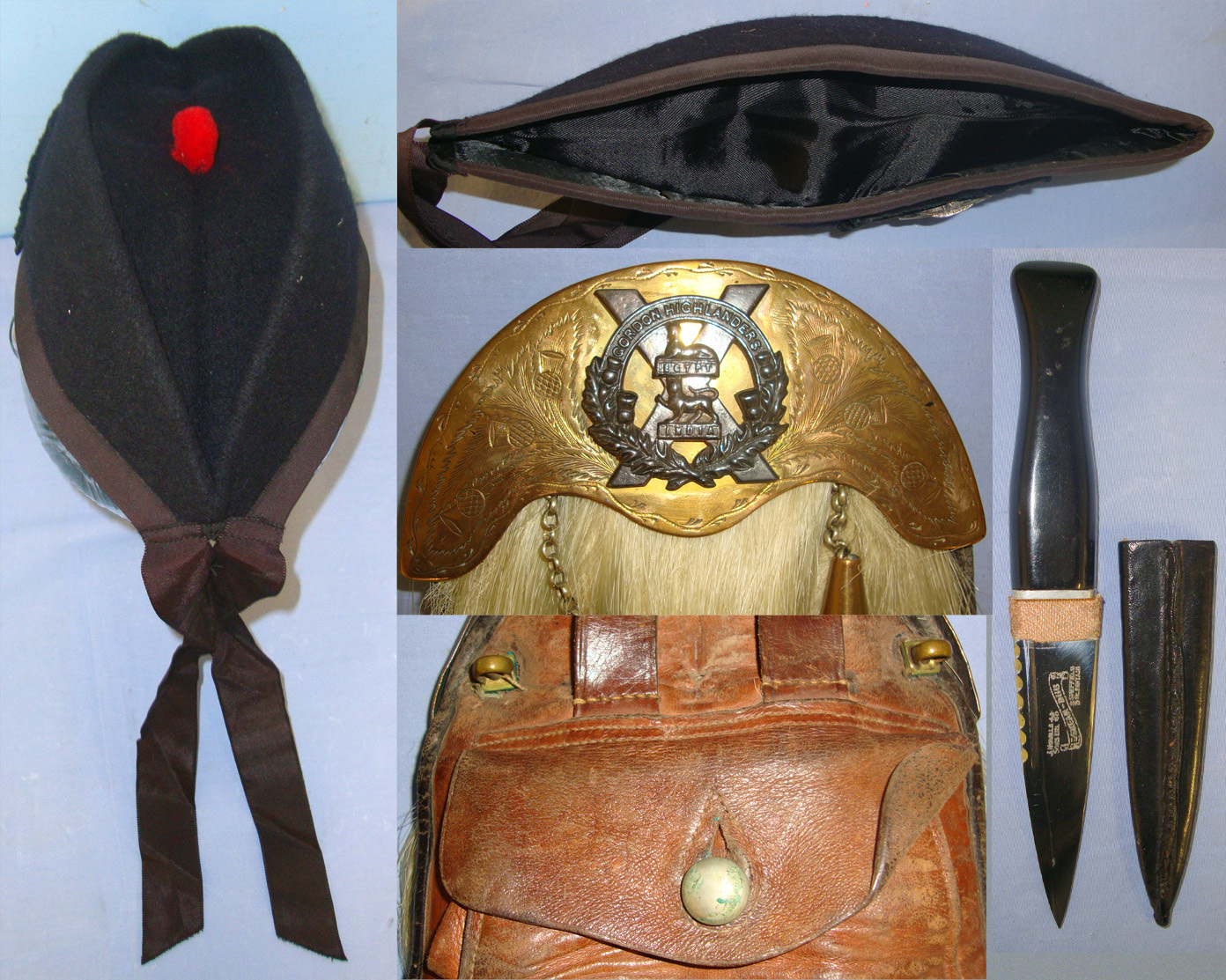 WW1 Scottish Gordon Highlanders Collection**2 Tassel Horse Hair Sporran With Leather Pouch & Regiment Badge, Glengarry Cap, 3 Tassel Leather Pouch, Sgian Dubh Dirk By Nowill & Sons Sheffield & Large White Metal Regimental Kilt Or Cape Badge. Sn 21220   Antique & Militaria