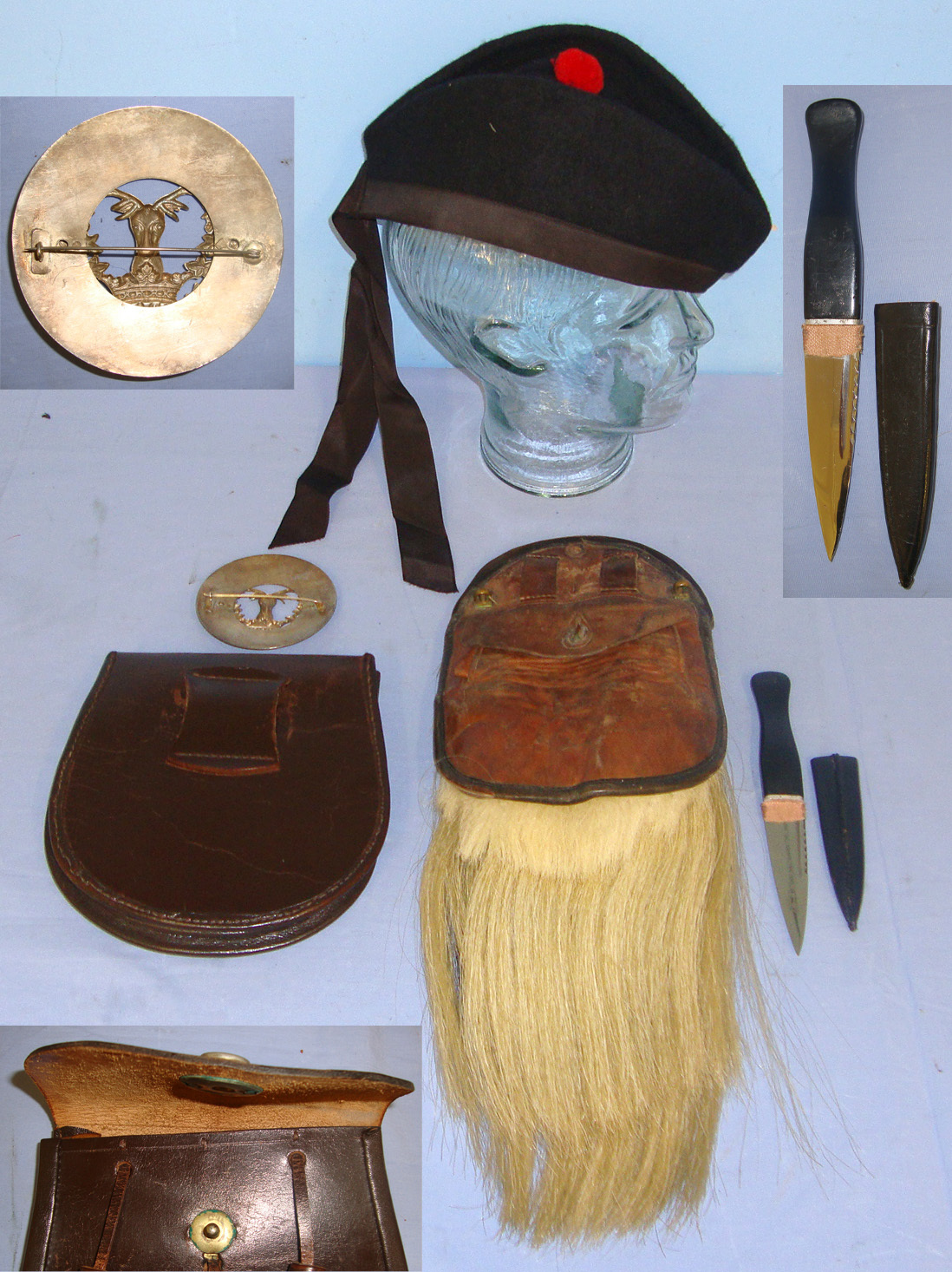  WW1 Scottish Gordon Highlanders Collection**2 Tassel Horse Hair Sporran With Leather Pouch & Regiment Badge, Glengarry Cap, 3 Tassel Leather Pouch, Sgian Dubh Dirk By Nowill & Sons Sheffield & Large White Metal Regimental Kilt Or Cape Badge. Sn 21220   Antique & Militaria