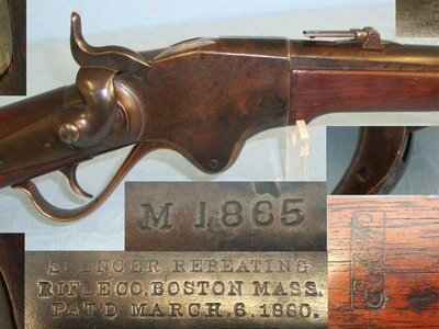MINT BORE**RARE**U.S Army Early Post American Civil War Spencer Repeating Rifle Company USA 1860 Patent, Model 1865 .50 Rim Fire Obsolete Calibre Repeating Rifle With 7 Shot Tubular Magazine. Sn 23385 spencer Lever Action Obsolete Rifle