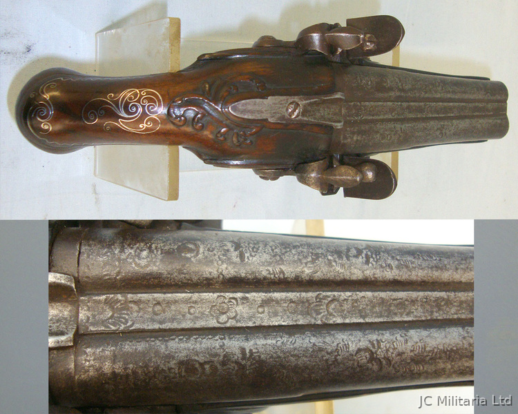 *QUALITY**18th Century French entleman’s Double Barreled 50 Bore Flintlock Traveling Pistol With Inlaid Silver .50 Cal Muzzleloader Muzzleloader