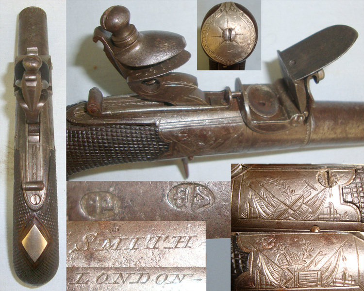 Smith (London) 54 Bore Round Action Flintlock Pistol With Steel Turn Off Barrel, Black Powder P .54 Cal Muzzleloader Muzzleloader