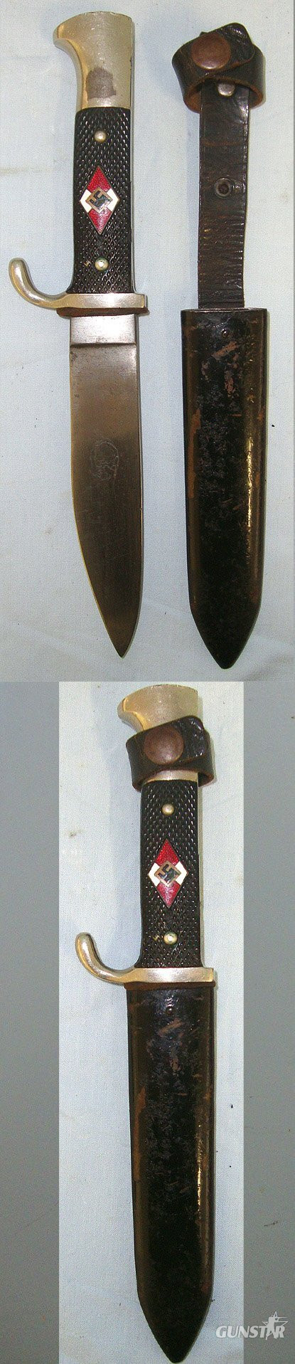ORIGINAL**Transitional Production 1938 WW2 Era Nazi German Hitler Youth 'HJ' Dagger RZM M7/11 & Manufacturer Marked K&Co (E. Knecht & Co Solingen) Blade Profile Period Altered For WW2 Use As A Fighting Knife & Scabbard With Integral Frog. Sn 23673 Dagger in 