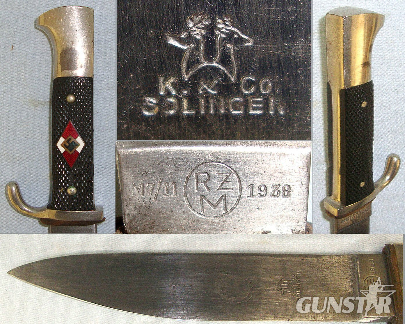 ORIGINAL**Transitional Production 1938 WW2 Era Nazi German Hitler Youth 'HJ' Dagger RZM M7/11 & Manufacturer Marked K&Co (E. Knecht & Co Solingen) Blade Profile Period Altered For WW2 Use As A Fighting Knife & Scabbard With Integral Frog. Sn 23673 Dagger