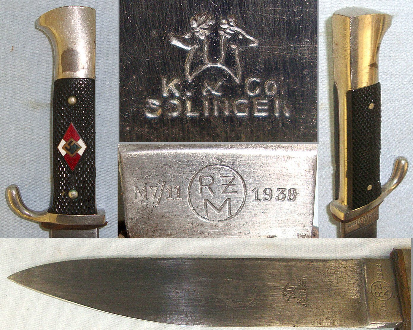 ORIGINAL**Transitional Production 1938 WW2 Era Nazi German Hitler Youth 'HJ' Dagger RZM M7/11 & Manufacturer Marked K&Co (E. Knecht & Co Solingen) Blade Profile Period Altered For WW2 Use As A Fighting Knife & Scabbard With Integral Frog. Sn 23673 Dagger