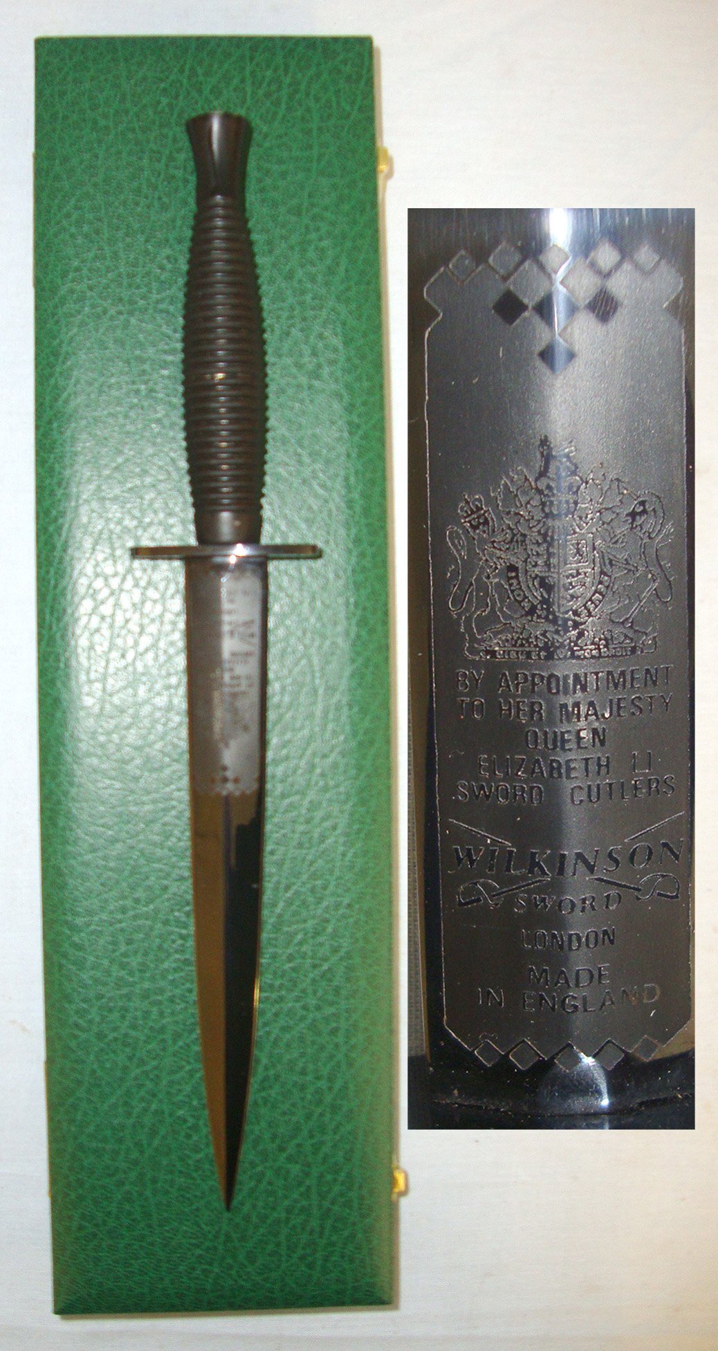 Cased Post 1952 QE II British Wilkinson Sword ‘Best Commando On Course Prize’ 3rd Pattern Fairbairn Sykes FS Fighting Knife With Etched Panel. Sn 23484:48  Knive