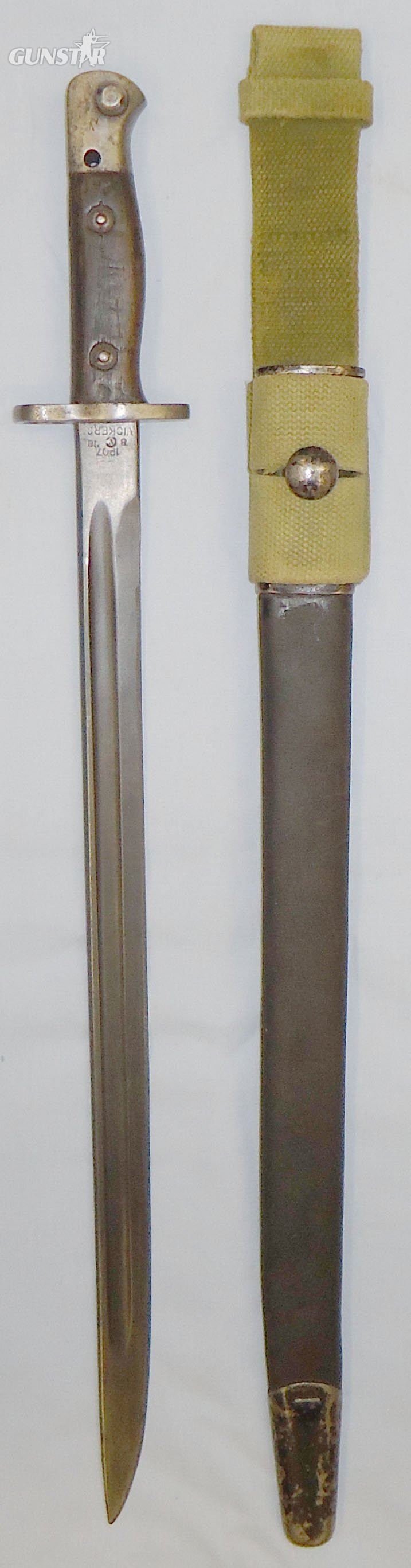 RARE* WWI Dated British Patt 1907 Bayonet Scabbard & Frog by Manufacturer Vickers. 22426:18. Bayonet in 