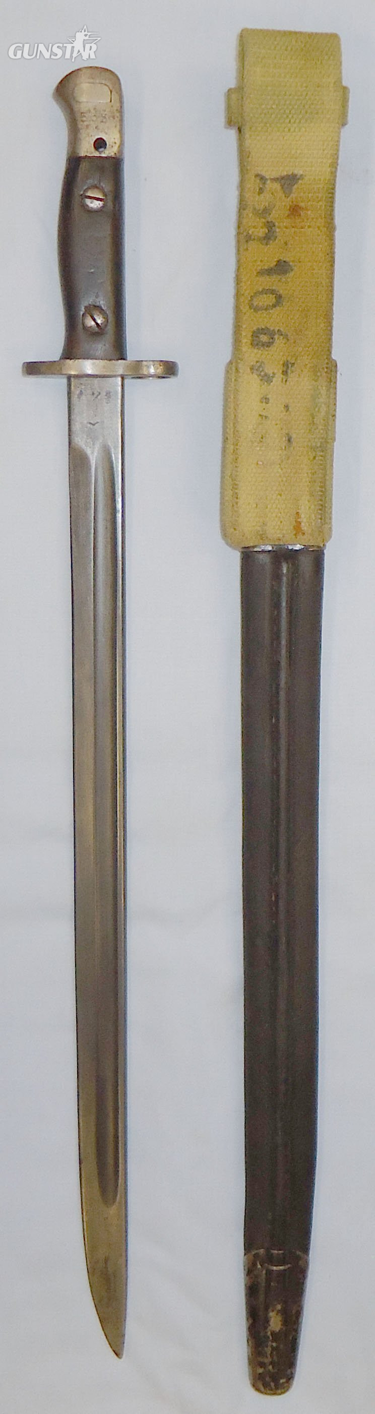  RARE* WWI Dated British Patt 1907 Bayonet Scabbard & Frog by Manufacturer Vickers. 22426:18. Bayonet