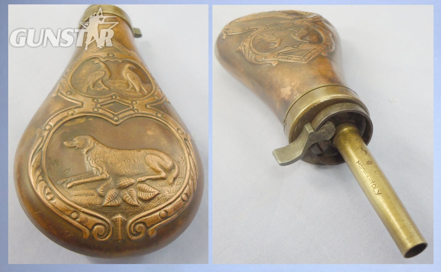 Italian Made Gun Size Embossed Hunting Dog/Grouse Design Copper Black Powder Flask with Sprung Brass Nozzle Charger. 22490:3. Italian Made Gun Size Embossed Hunting Dog/Grouse Design Copper Black Powder Flask with Sprung Brass Nozzle Charger. 22490:3. Other Accessory