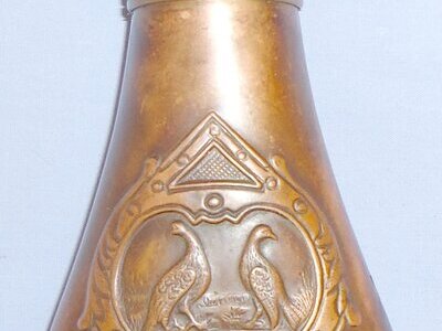 Italian Made Gun Size Embossed Hunting Dog/Grouse Design Copper Black Powder Flask with Sprung Brass Nozzle Charger. 22490:3. Italian Made Gun Size Embossed Hunting Dog/Grouse Design Copper Black Powder Flask with Sprung Brass Nozzle Charger. 22490:3. Other Accessory