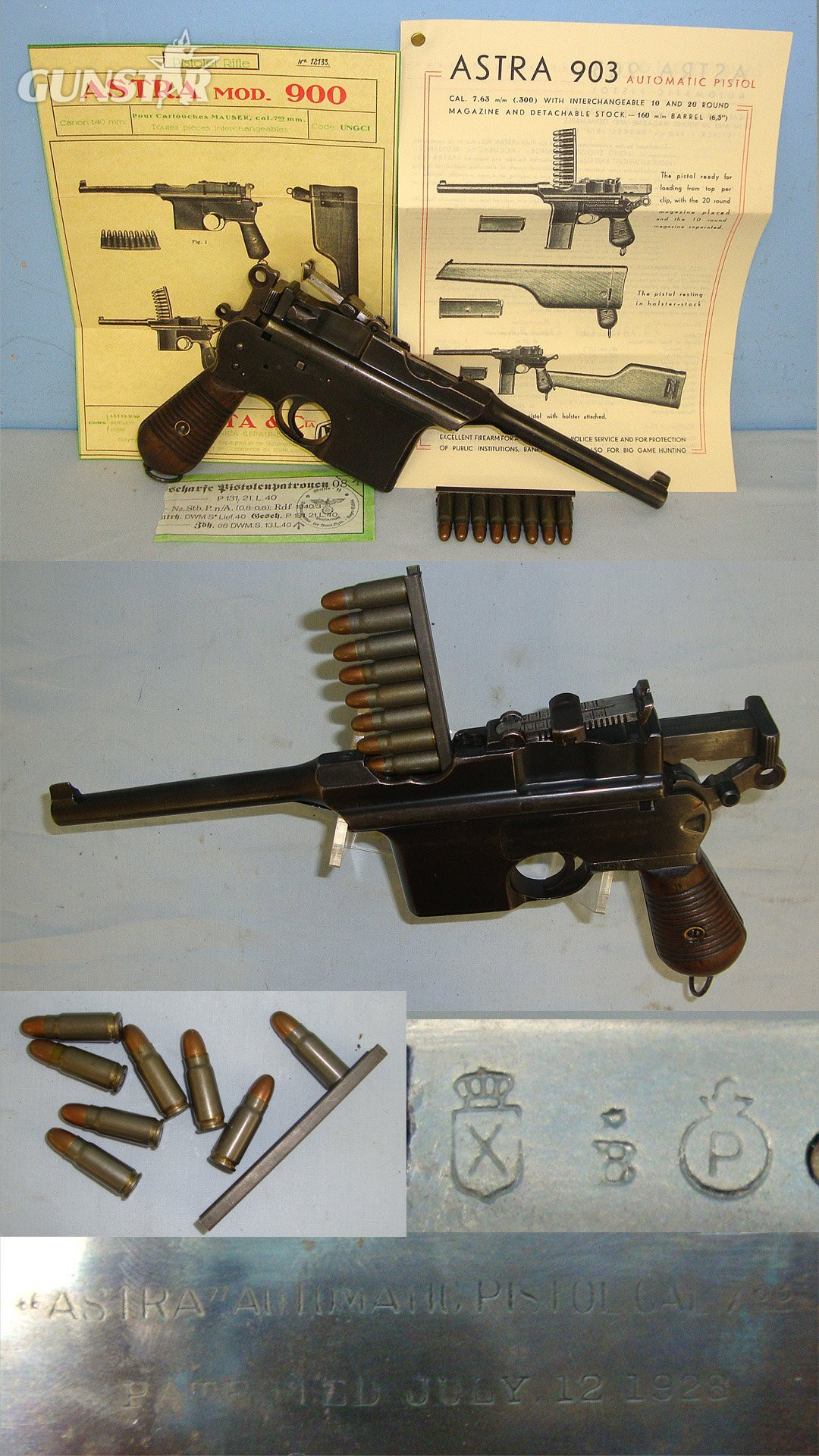 Spanish Civil War & WW2 Era Spanish Astra 1928 Patent Model 900 (Mauser C/96) 7.63mm Calibre 'Broom Handle' Semi Automatic Pistol With Stripper Clip Loaded With Inert Deactivated Rounds, Original Astra Pamphlets & Associated Paperwork. Sn 23668 deactivated pistol None Semi Auto in 