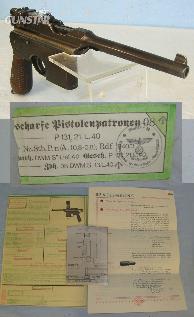 Spanish Civil War & WW2 Era Spanish Astra 1928 Patent Model 900 (Mauser C/96) 7.63mm Calibre 'Broom Handle' Semi Automatic Pistol With Stripper Clip Loaded With Inert Deactivated Rounds, Original Astra Pamphlets & Associated Paperwork. Sn 23668 deactivated pistol None Semi Auto