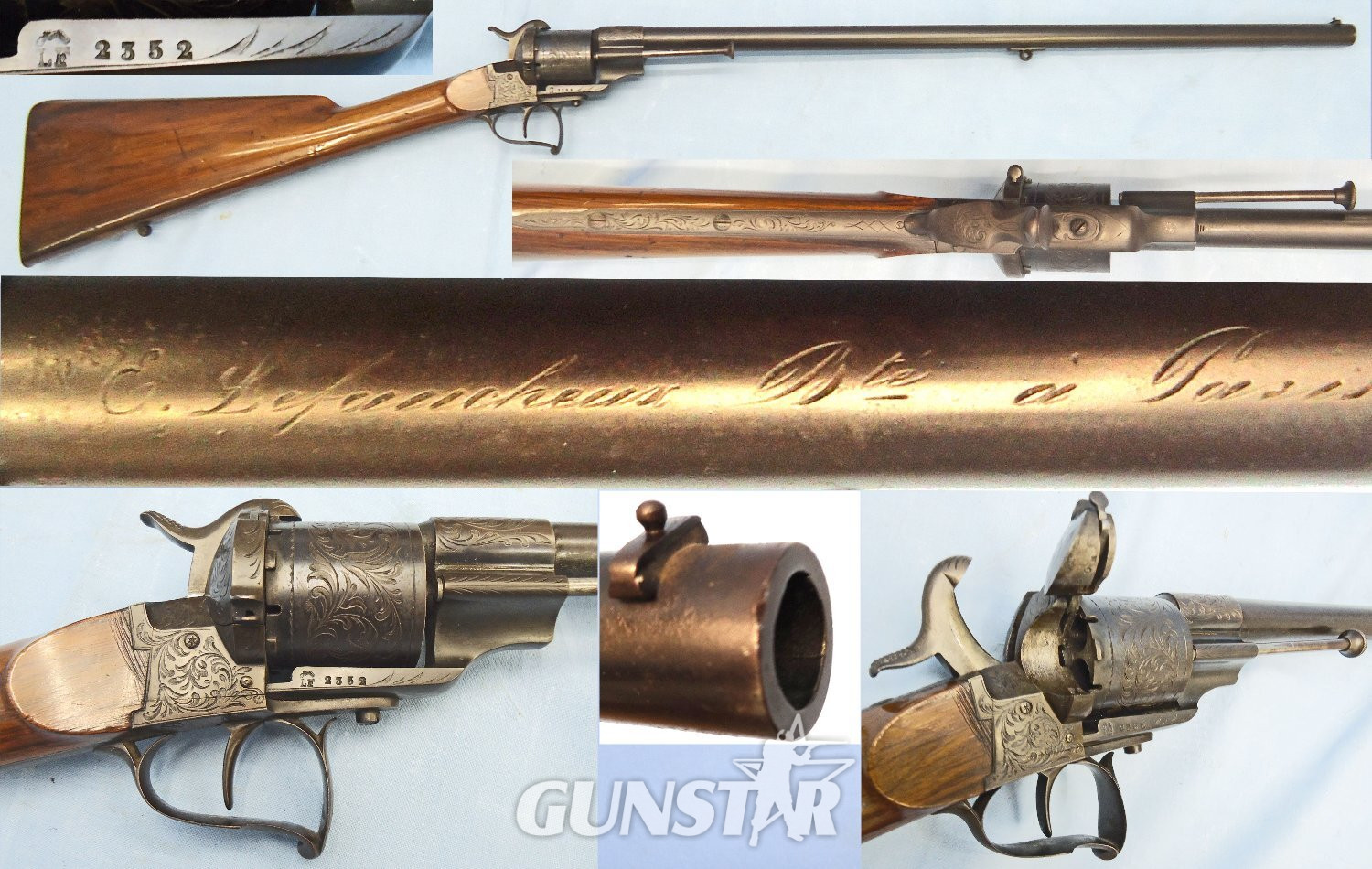 QUALITY** Early Lefaucheux Bte Paris, Model 1854, 12mm Pin Fire Obsolete Calibre Single Action 6 Shot Revolving Rifle with Ornate Foliate Engraving and a Fine Walnut Stock. Sn 23356 QUALITY** Early Lefaucheux Bte Paris, Model 1854, 12mm Pin Fire Obsolete Calibre Single Action 6 Shot Revolving Rifle with Ornate Foliate Engraving and a Fine Walnut Stock. Sn 23356 Single Shot Obsolete Rifle in 