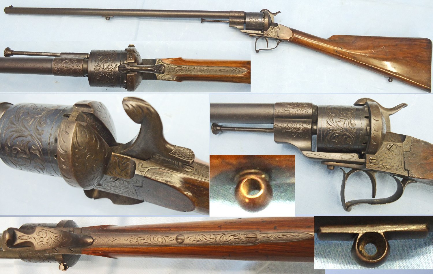 QUALITY** Early Lefaucheux Bte Paris, Model 1854, 12mm Pin Fire Obsolete Calibre Single Action 6 Shot Revolving Rifle with Ornate Foliate Engraving and a Fine Walnut Stock. Sn 23356 QUALITY** Early Lefaucheux Bte Paris, Model 1854, 12mm Pin Fire Obsolete Calibre Single Action 6 Shot Revolving Rifle with Ornate Foliate Engraving and a Fine Walnut Stock. Sn 23356 Single Shot Obsolete Rifle