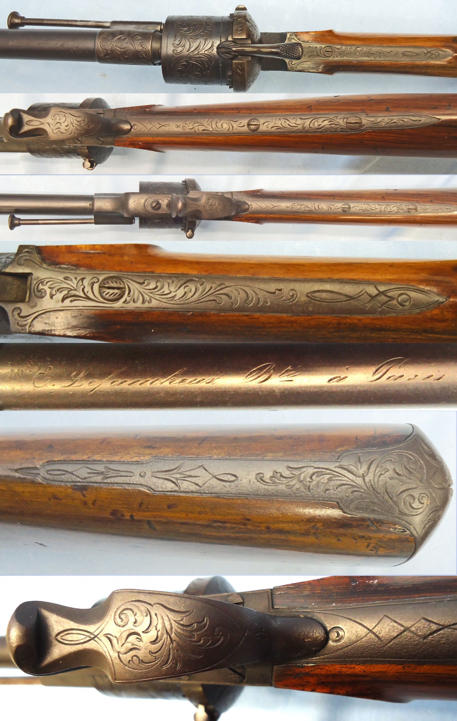  QUALITY** Early Lefaucheux Bte Paris, Model 1854, 12mm Pin Fire Obsolete Calibre Single Action 6 Shot Revolving Rifle with Ornate Foliate Engraving and a Fine Walnut Stock. Sn 23356 QUALITY** Early Lefaucheux Bte Paris, Model 1854, 12mm Pin Fire Obsolete Calibre Single Action 6 Shot Revolving Rifle with Ornate Foliate Engraving and a Fine Walnut Stock. Sn 23356 Single Shot Obsolete Rifle