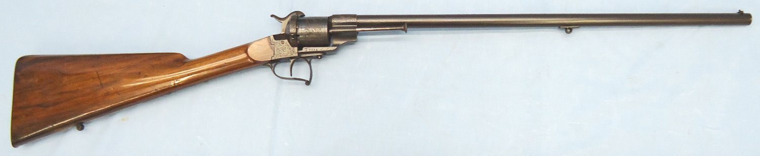 QUALITY** Early Lefaucheux Bte Paris, Model 1854, 12mm Pin Fire Obsolete Calibre Single Action 6 Shot Revolving Rifle with Ornate Foliate Engraving and a Fine Walnut Stock. Sn 23356 QUALITY** Early Lefaucheux Bte Paris, Model 1854, 12mm Pin Fire Obsolete Calibre Single Action 6 Shot Revolving Rifle with Ornate Foliate Engraving and a Fine Walnut Stock. Sn 23356 Single Shot Obsolete Rifle - {CATEGORY} in 
