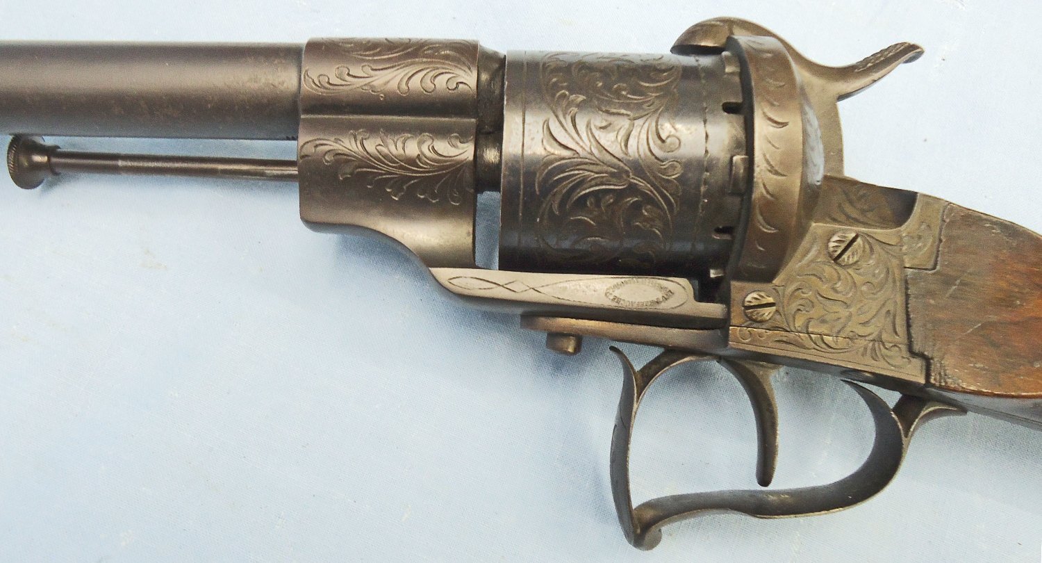 {CATEGORY} - QUALITY** Early Lefaucheux Bte Paris, Model 1854, 12mm Pin Fire Obsolete Calibre Single Action 6 Shot Revolving Rifle with Ornate Foliate Engraving and a Fine Walnut Stock. Sn 23356 QUALITY** Early Lefaucheux Bte Paris, Model 1854, 12mm Pin Fire Obsolete Calibre Single Action 6 Shot Revolving Rifle with Ornate Foliate Engraving and a Fine Walnut Stock. Sn 23356 Single Shot Obsolete Rifle in 