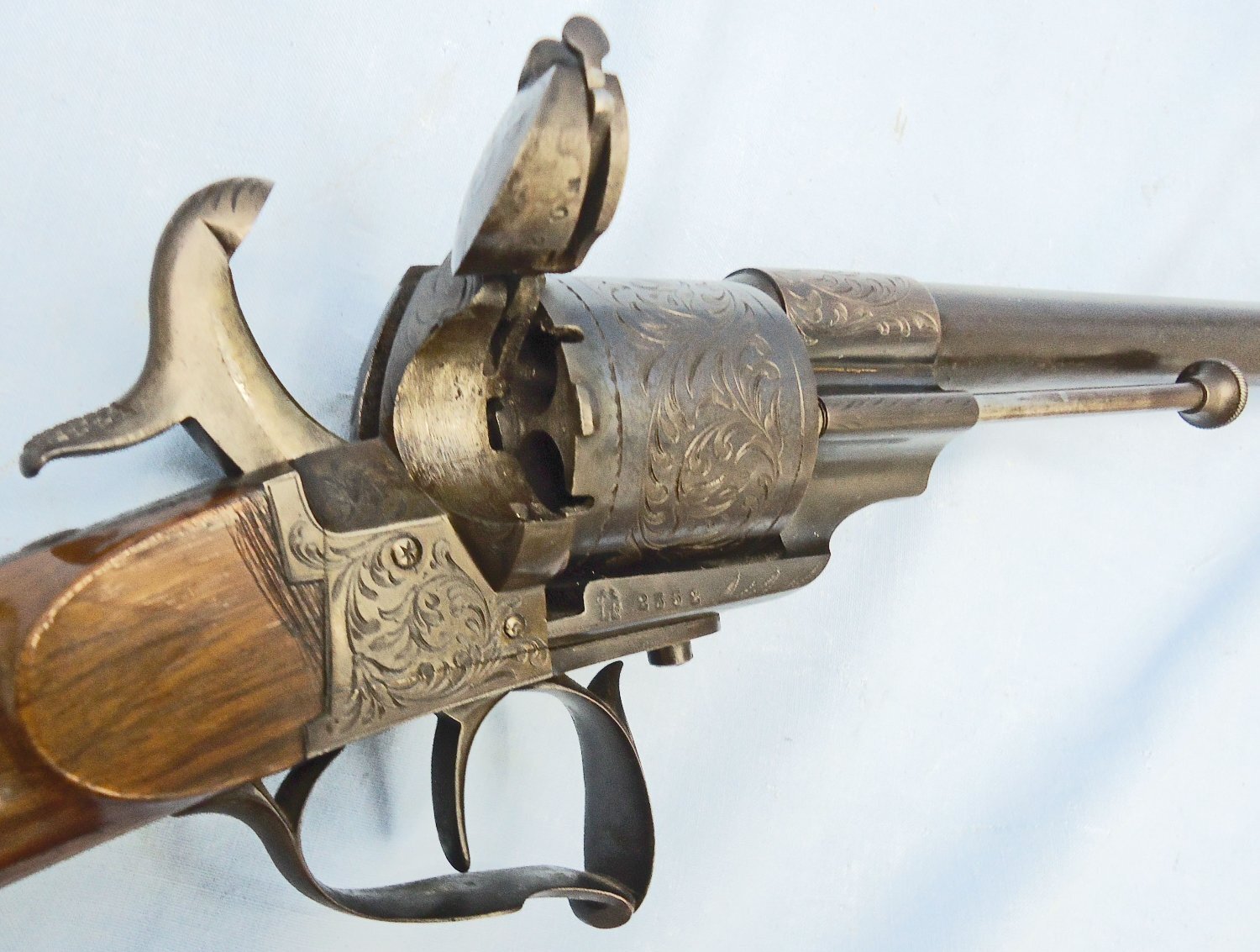 {CATEGORY} - QUALITY** Early Lefaucheux Bte Paris, Model 1854, 12mm Pin Fire Obsolete Calibre Single Action 6 Shot Revolving Rifle with Ornate Foliate Engraving and a Fine Walnut Stock. Sn 23356 QUALITY** Early Lefaucheux Bte Paris, Model 1854, 12mm Pin Fire Obsolete Calibre Single Action 6 Shot Revolving Rifle with Ornate Foliate Engraving and a Fine Walnut Stock. Sn 23356 Single Shot Obsolete Rifle