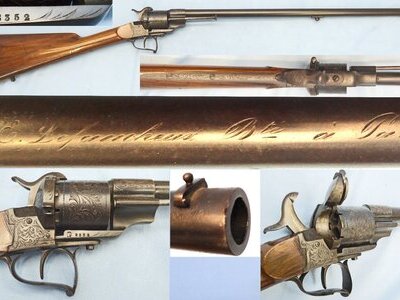QUALITY** Early Lefaucheux Bte Paris, Model 1854, 12mm Pin Fire Obsolete Calibre Single Action 6 Shot Revolving Rifle with Ornate Foliate Engraving and a Fine Walnut Stock. Sn 23356 QUALITY** Early Lefaucheux Bte Paris, Model 1854, 12mm Pin Fire Obsolete Calibre Single Action 6 Shot Revolving Rifle with Ornate Foliate Engraving and a Fine Walnut Stock. Sn 23356 Single Shot Obsolete Rifle