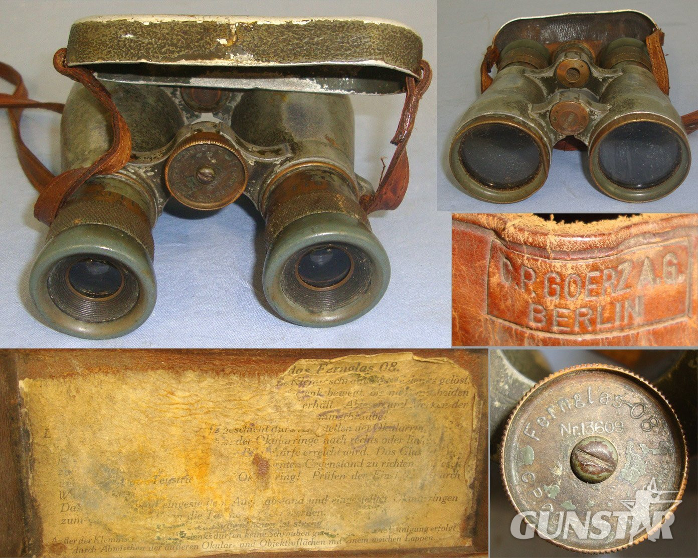 AS FOUND UN-MESSED WITH**Cased, WW1 Era Imperial German Army Officer’s, Fernglas ’08 (Model 1908), 6 X 39 Magnification, Binoculars By C.P Goerz Berlin With Eye Piece Protector Cover & Neck Strap. Sn 21906  Sight & Optic