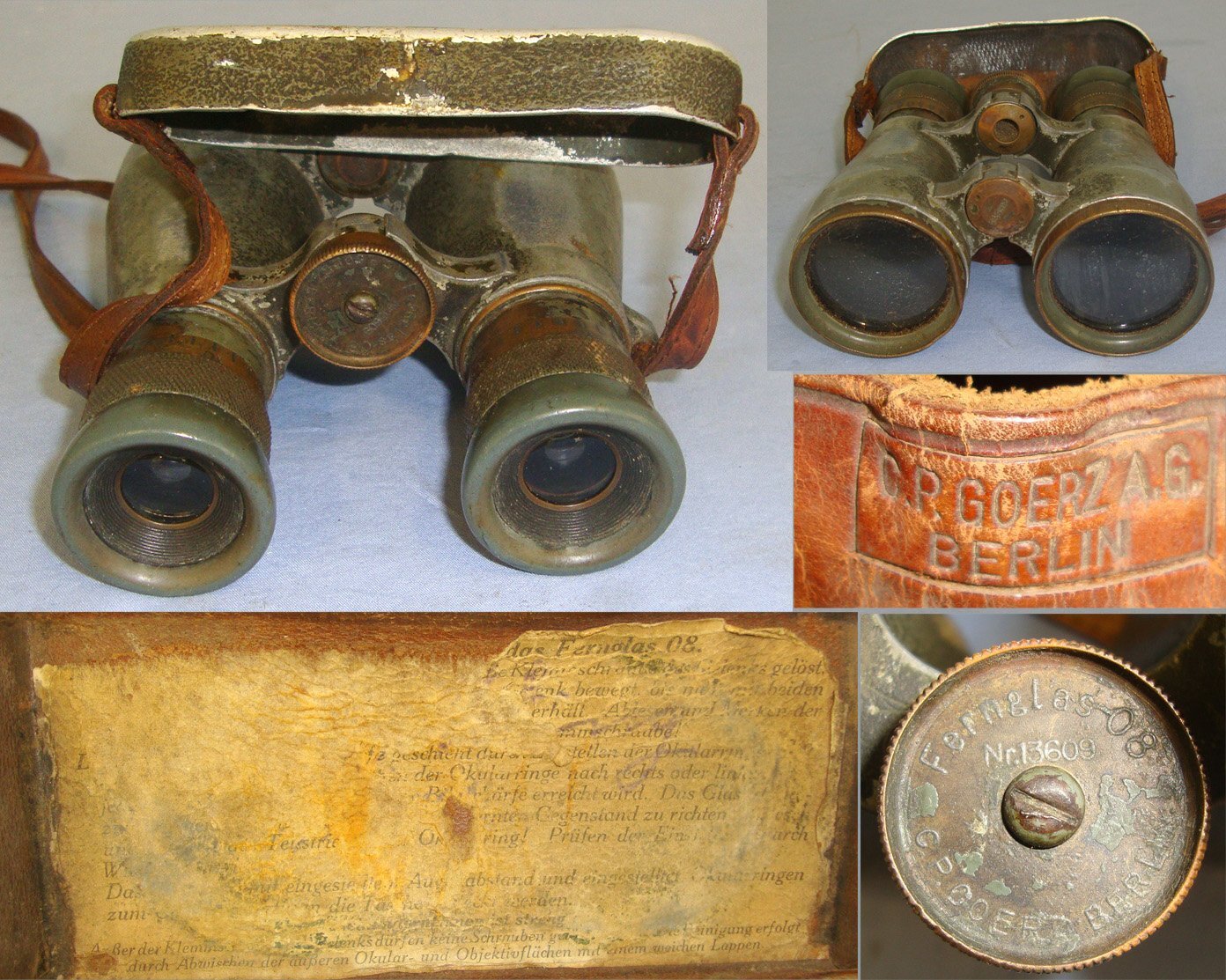 AS FOUND UN-MESSED WITH**Cased, WW1 Era Imperial German Army Officer’s, Fernglas ’08 (Model 1908), 6 X 39 Magnification, Binoculars By C.P Goerz Berlin With Eye Piece Protector Cover & Neck Strap. Sn 21906  Sight & Optic